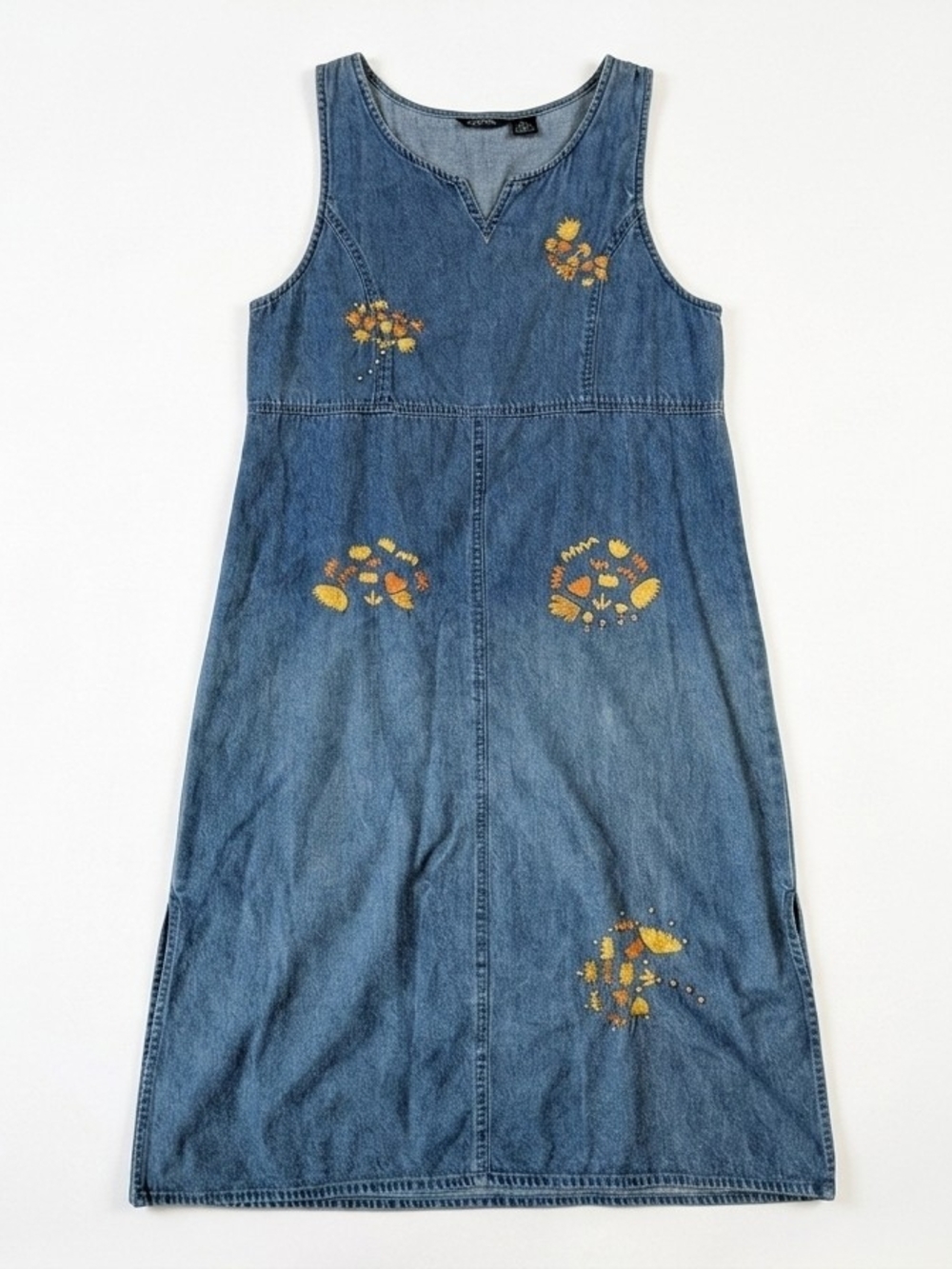 Vtg 90s Asari Denim Maxi Dress L Granola Butter Mom Embroidered Studded Retro
